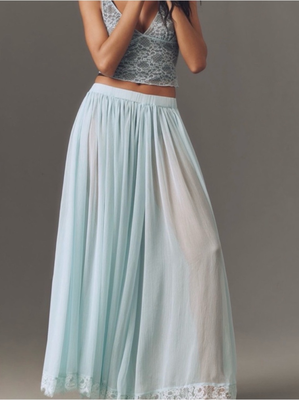 Anthropologie Pale Blue Sheer Lace-Hem Maxi Skirt